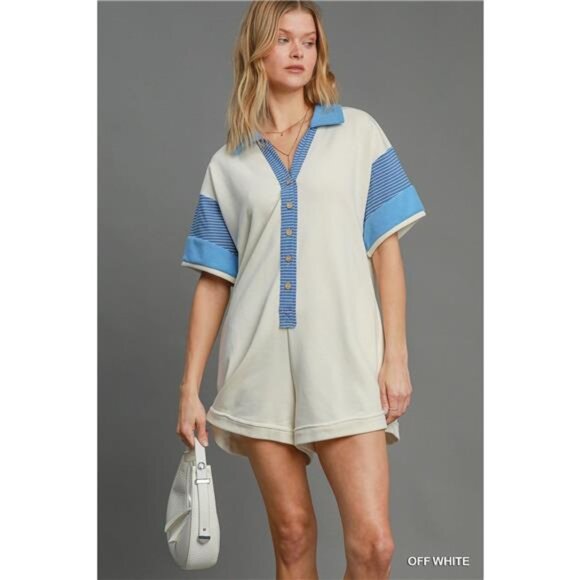 Umgee French Terry Collared Colorblock Romper - Picture 1 of 5